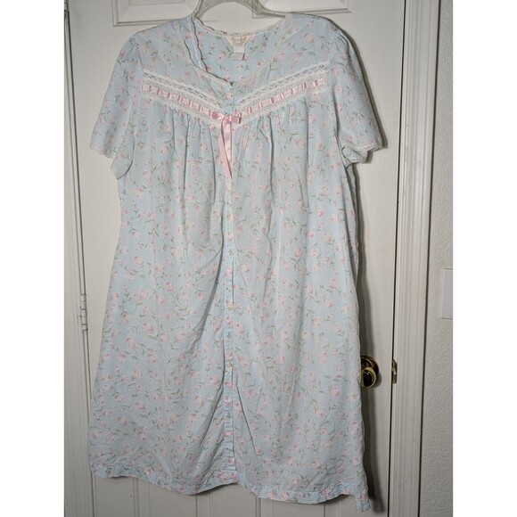 VTG Carriage Court Nightgown & House Robe 2X Blue Pink Floral Eyelet Lace Ribbon - Picture 2 of 15